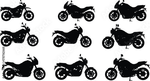 Collection of motorcycle silhouettes, different sport and cruiser motorbike models, black vector illustration for automotive design and transportation concept