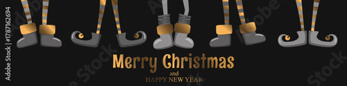 Merry Christmas horizontal illustration with cute abstract elves legs in shoes and boots isolated on black background. Vector illustration template for greeting card print, poster, banner