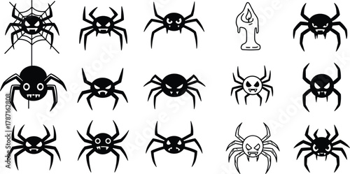 Collection of spooky spider silhouettes with web, scary faces, and Halloween theme design, perfect for decoration, tattoo, and graphic illustration