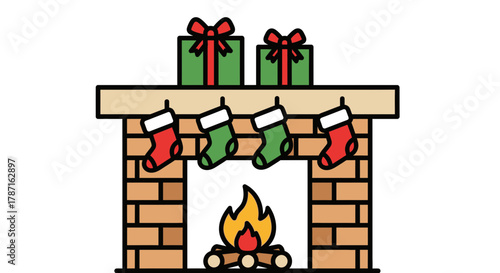Festive Christmas fireplace scene with stockings and presents