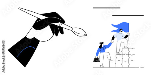 Hand holding a brush symbolizes creativity. Two individuals climb puzzle blocks, one holding a flag, denoting teamwork and leadership. Ideal for collaboration, innovation, goal-setting, progress