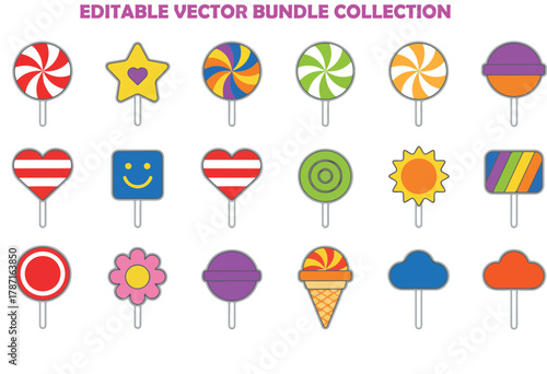 Colorful lollipops in various shapes and flavors vector collection. Classic red-and-white swirls, colorful rainbow swirl, green-and-white swirl, yellow star, purple and orange pops