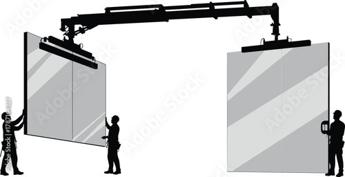 Construction workers installing large glass panels with crane, teamwork and precision building process at construction site, architecture and engineering concept