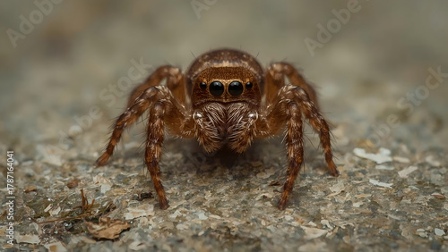 Front view macro shot of a jumping spider with detailed eyes and hairy body on ground surface