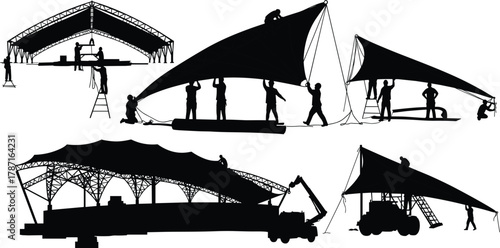 Construction workers installing large tensile fabric roof panels using cranes and teamwork, assembling modern outdoor architectural structure on building site under construction