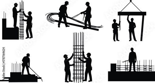 Construction workers installing rebar steel structures, civil engineers reinforcing concrete foundation, building site teamwork, industrial construction labor