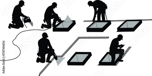 Construction workers installing skylight windows on roof, professional roofing process with tools, home renovation and architecture improvement, daylight installation illustration