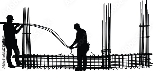 Construction workers installing steel reinforcement bars on building structure, skilled labor team ensuring strong concrete foundation support at industrial construction site