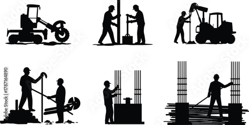 Construction workers installing steel reinforcement bars and concrete columns on building site using heavy machinery and tools for structural foundation work