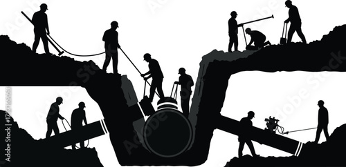 Construction workers installing underground pipeline in deep trench, teamwork using heavy tools, engineering project, infrastructure development, safety labor, industrial site operation