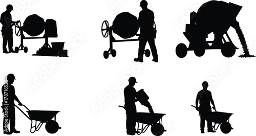 Construction workers mixing concrete with cement mixer and wheelbarrow, industrial labor silhouettes, building material preparation, construction site work concept