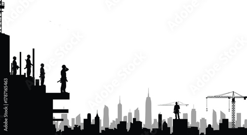 Construction workers on high-rise building site, city skyline with cranes, teamwork, architecture and engineering development concept, modern urban growth background