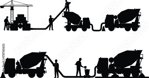 Construction workers operating concrete mixer trucks, pouring cement, and managing industrial construction site process with heavy machinery and teamwork efficiency