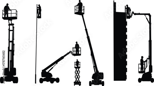 Construction workers operating different aerial lift platforms, working at height, maintenance and safety equipment, industrial project setup on multiple elevated boom lifts