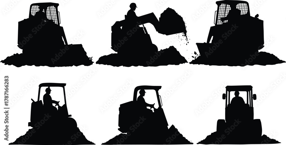 Obraz premium Construction workers operating skid steer loaders moving soil piles, heavy machinery equipment silhouette for excavation, earthwork and industrial ground preparation tasks