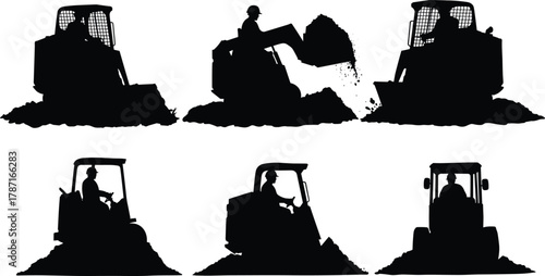 Construction workers operating skid steer loaders moving soil piles, heavy machinery equipment silhouette for excavation, earthwork and industrial ground preparation tasks