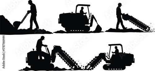 Construction workers operating trenching machines, digging soil and preparing land for underground pipelines, cable installation, and foundation construction site work.