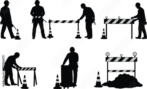 Construction workers placing safety barriers and traffic cones, road maintenance warning setup, highway repair safety zone preparation under construction site
