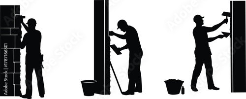 Construction workers plastering and building wall silhouettes, skilled masons working on wall finishing, masonry and renovation process, professional building teamwork concept illustration