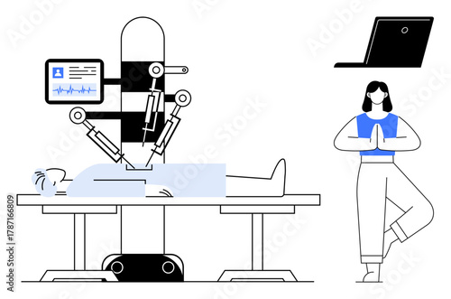 Surgical robot operating on a patient with monitoring screen and yoga poses for wellness. Ideal for healthcare, technology, innovation, mindfulness, work-life balance, healthcare technology