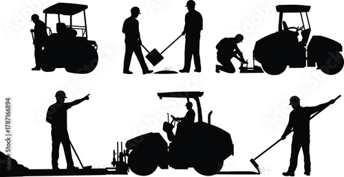 Construction workers paving road with asphalt roller and shovel, teamwork in road repair, heavy machinery, site maintenance and infrastructure development.