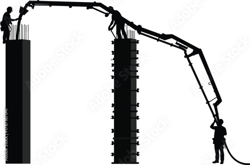 Construction workers pouring concrete into tall column formwork using a concrete pump, high-rise construction site, structural engineering process illustration