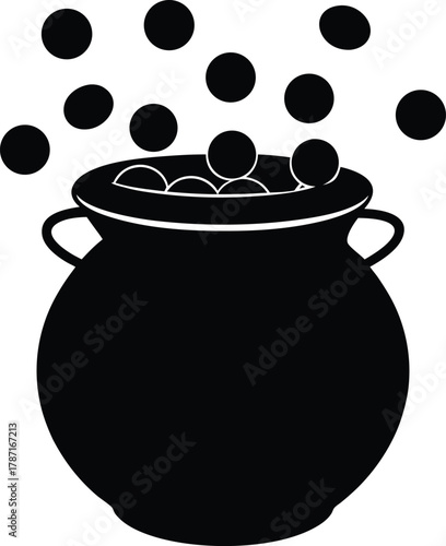 Black silhouette of a pot overflowing with coins on a white background 1