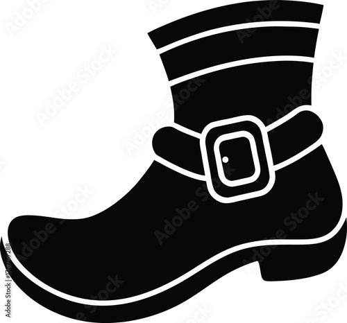 Black silhouette of a curled toe leprechaun boot with buckle and striped cuff on white background