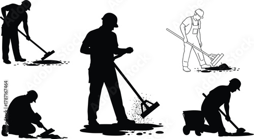 Construction workers repairing road surface, manual laborers using tools for asphalt patching, maintenance and repair work, infrastructure improvement and engineering concept