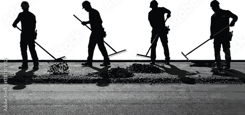 Construction workers spreading asphalt on road surface using rakes, teamwork in infrastructure development, road maintenance labor silhouette, industrial workforce at work scene
