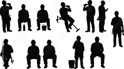Construction workers taking a break, drinking water and sitting after work, industrial labor rest time concept, safety helmet silhouettes, worksite relaxation