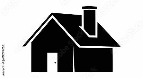 Simple Black Silhouette of a House with Chimney and Door.