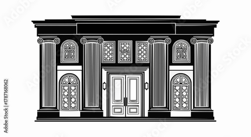 Architectural Facade with Columns and Intricate Doorways in Black and White.