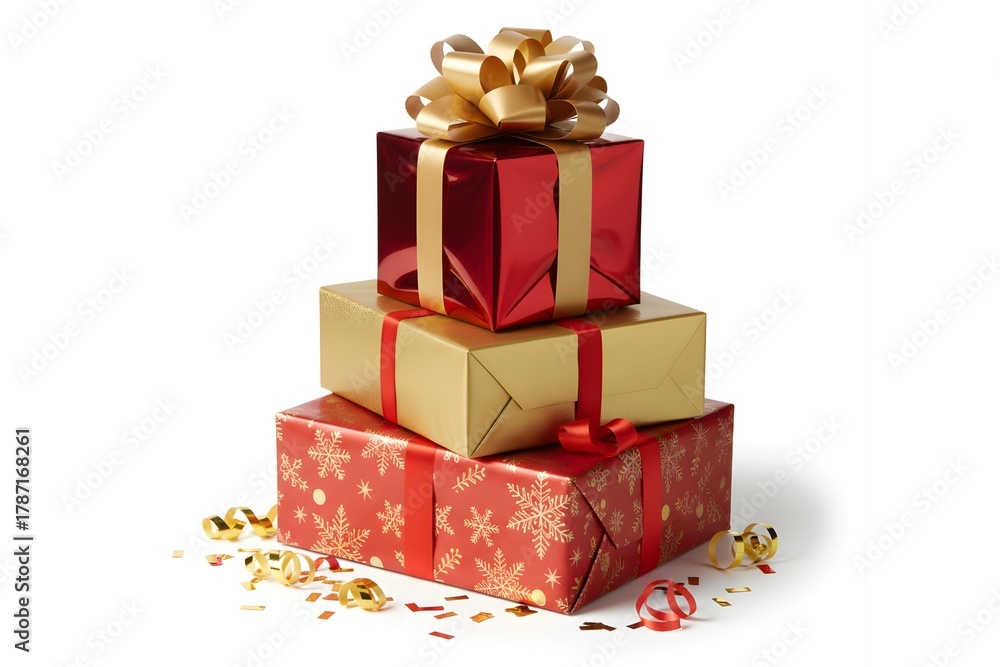 Obraz premium Stack of Red and Gold Christmas Gift Boxes Isolated on White Background