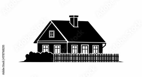 Silhouette of a Charming House with a Picket Fence and Chimney.
