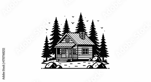 Rustic cabin nestled amidst towering pine trees and serene landscape.