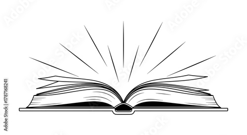 Open book with shining rays emanating from the pages  