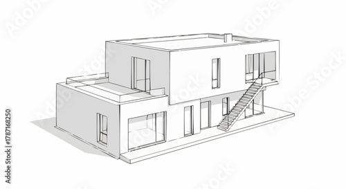 Modern Architectural Sketch of a Two-Story House with Clean Lines.