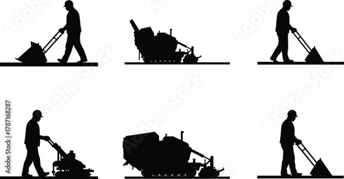 Construction workers using compacting machines and pavement rollers, road repair maintenance, ground leveling and asphalt surface work, industrial construction equipment operation