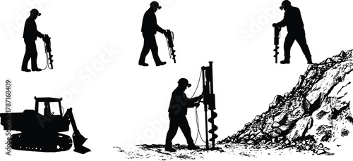 Construction workers using drilling machines and excavator, heavy equipment at work site, industrial engineering and mining operation silhouette illustration design