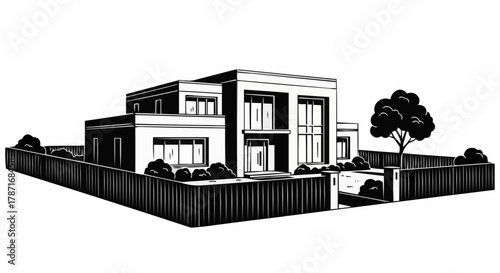 Modern architectural house with a fence and a tree in front of it.