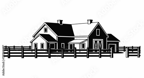 Monochrome Farmhouse Illustration with Picket Fence in Rural Setting.
