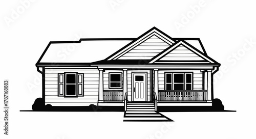 Classic American Ranch Style House Drawing.