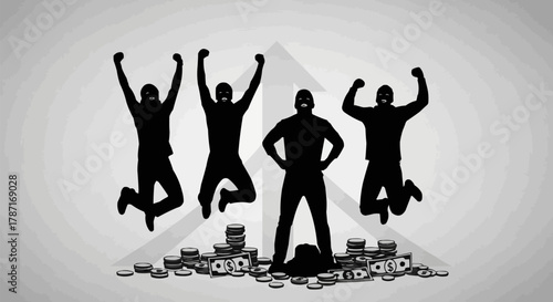 Four Silhouetted People Celebrating Success with Money.