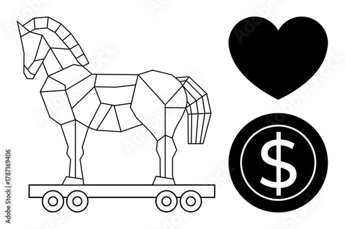 Geometric Trojan horse on wheels, black heart, and dollar symbol. Ideal for deception, love, betrayal, value, strategy marketing and duality themes. Simple flat metaphor