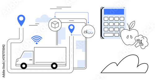 Delivery truck with location markers and wireless signal, calculator, apple, broccoli, and cloud. Ideal for logistics, supply chain, technology, agriculture budgeting eco-friendly systems