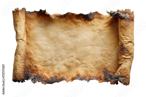 Close-up of a scroll with a burnt, weathered texture and curled ends