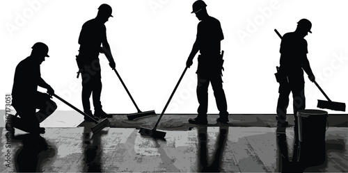 Construction workers using tools cleaning workplace floor, silhouettes of laborers sweeping concrete surface, industrial team maintaining site safety after building work
