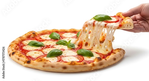 Hand pulling slice of fresh pizza margherita