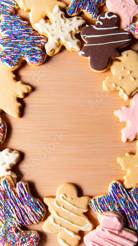Galletas navideñas de sabores, sobre un fondo de madera, rodeando un espacio vacío en el centro de la imagen, fondo para tarjeta.